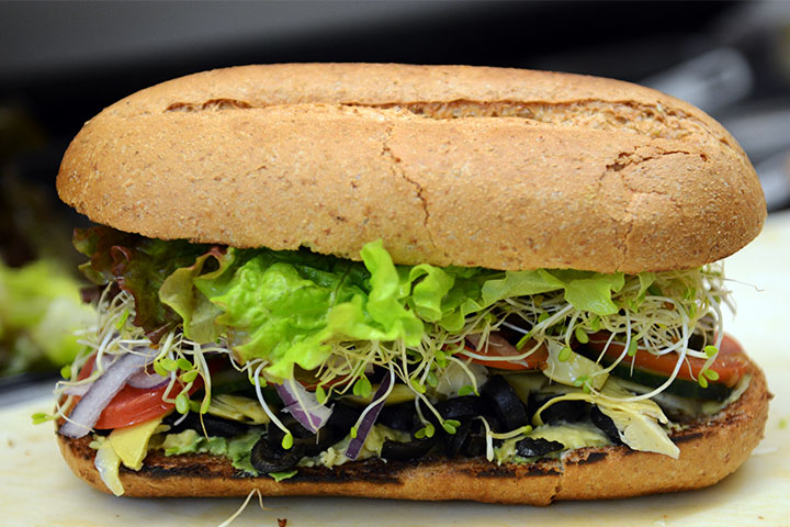 Our Veggie, or vegetarian sandwich with sprouts, artichoke, olives, lettuce and and tomato are best sellers with clients coming from Palo Alto, Mountain View, Menlo PArk and Stanford... usually They eat it in our patio or order them to go!